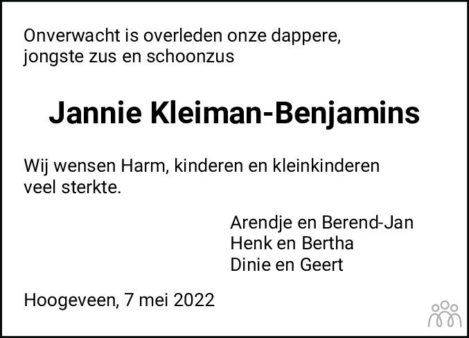 Overlijdensbericht van Jannie Kleiman-Benjamins in Hoogeveensche Courant