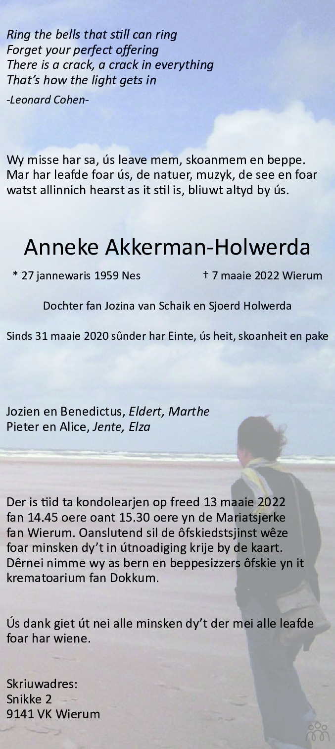 Overlijdensbericht van Anneke Akkerman-Holwerda in Leeuwarder Courant