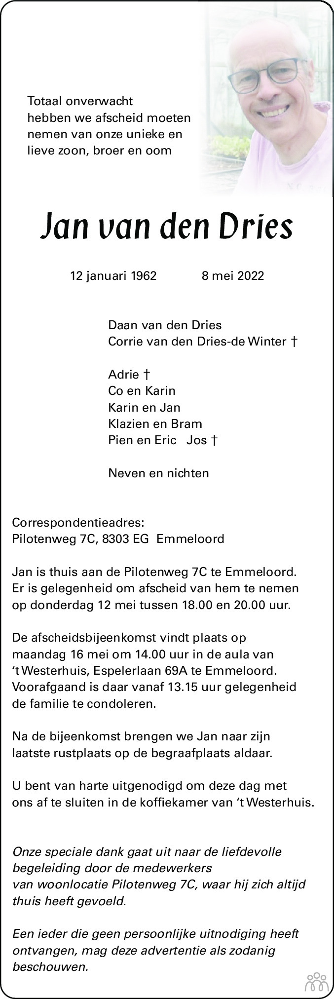Overlijdensbericht van Jan van den Dries in Flevopost Dronten