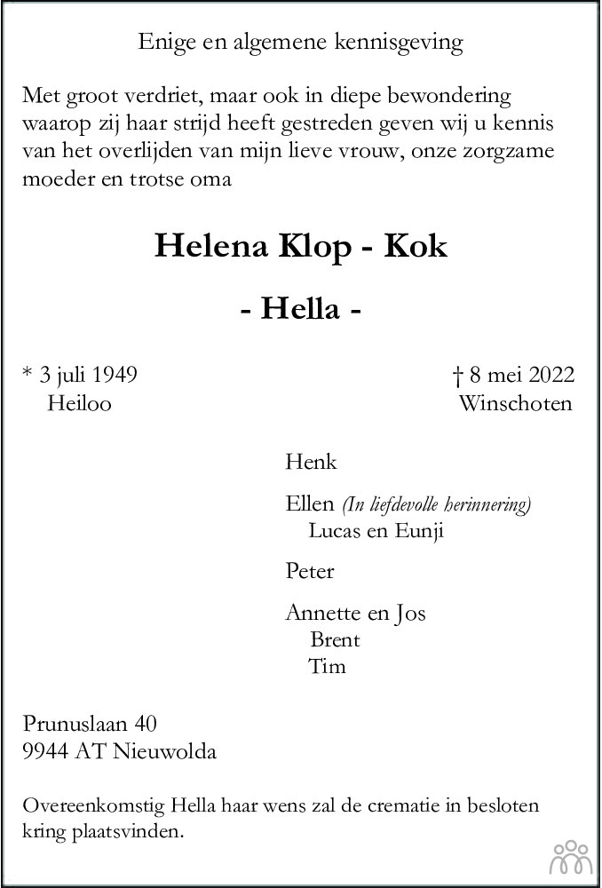 Overlijdensbericht van Helena (Hella) Klop-Kok in Dagblad van het Noorden