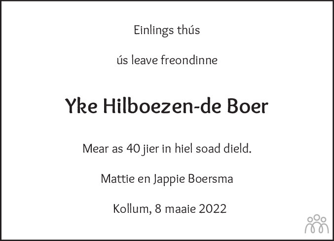 Overlijdensbericht van Ike Hilboezen-de Boer in Dockumer Courant