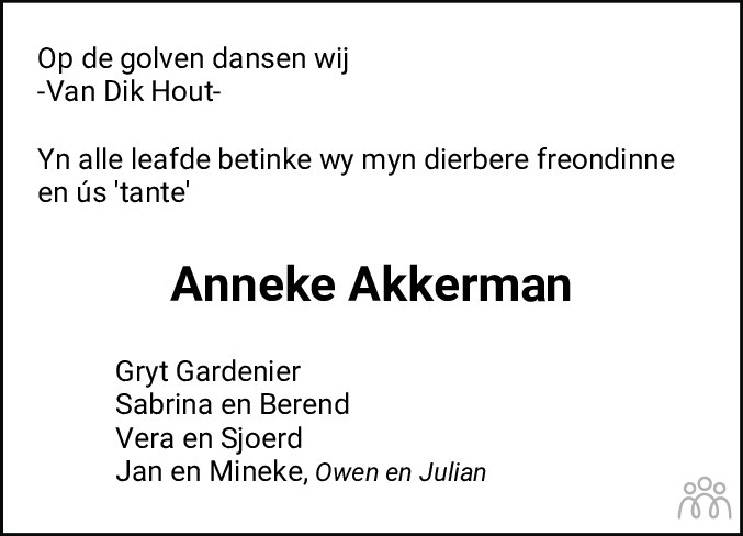 Overlijdensbericht van Anneke Akkerman-Holwerda in Dockumer Courant