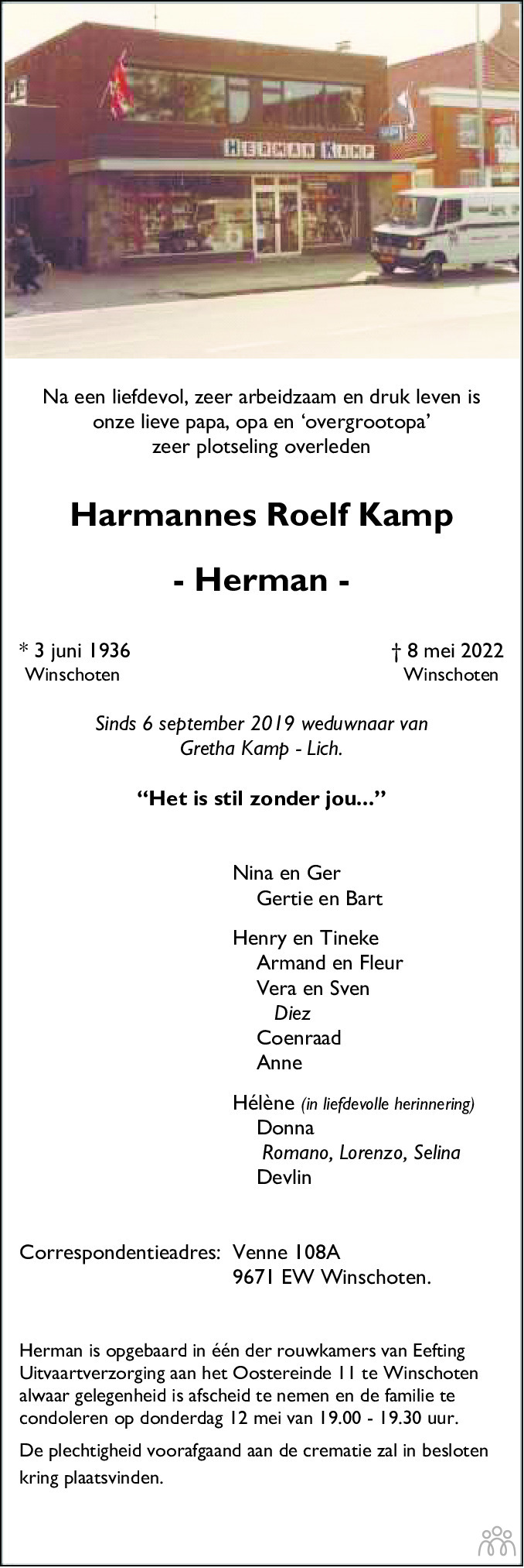 Overlijdensbericht van Harmannes Roelf (Herman) Kamp in Dagblad van het Noorden