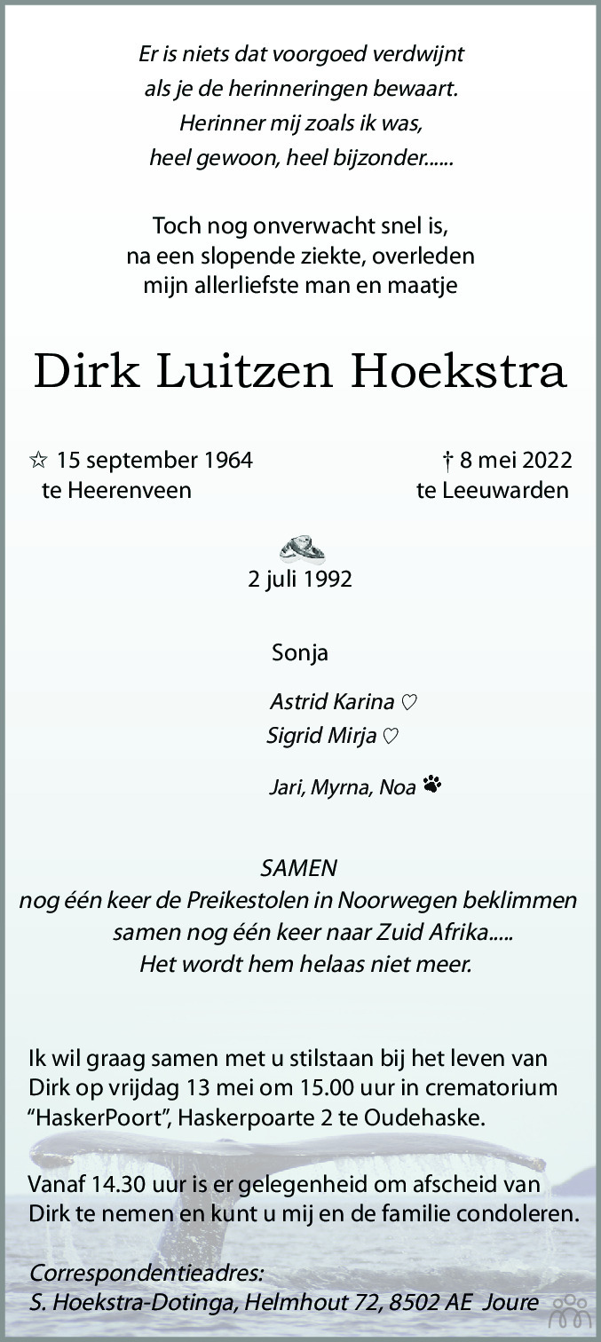 Overlijdensbericht van Dirk Luitzen Hoekstra in Leeuwarder Courant