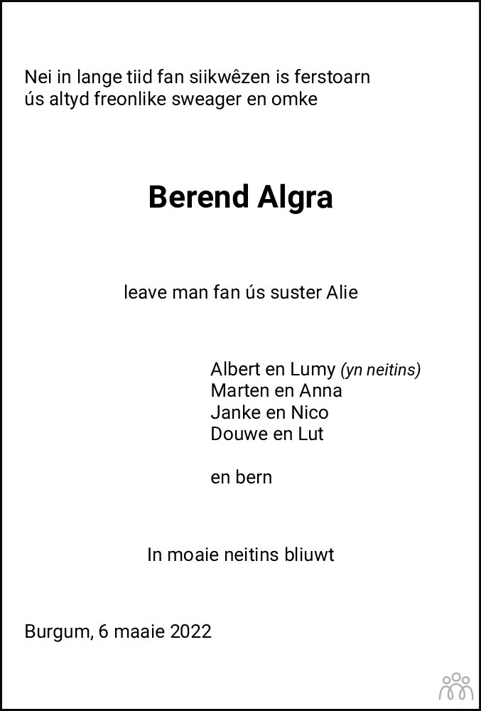 Overlijdensbericht van Berend Algra in Leeuwarder Courant