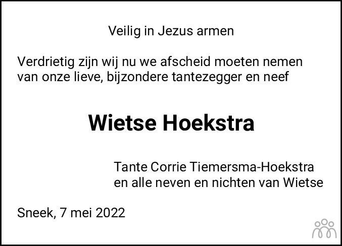 Overlijdensbericht van Wietse Hoekstra in Sneeker Nieuwsblad