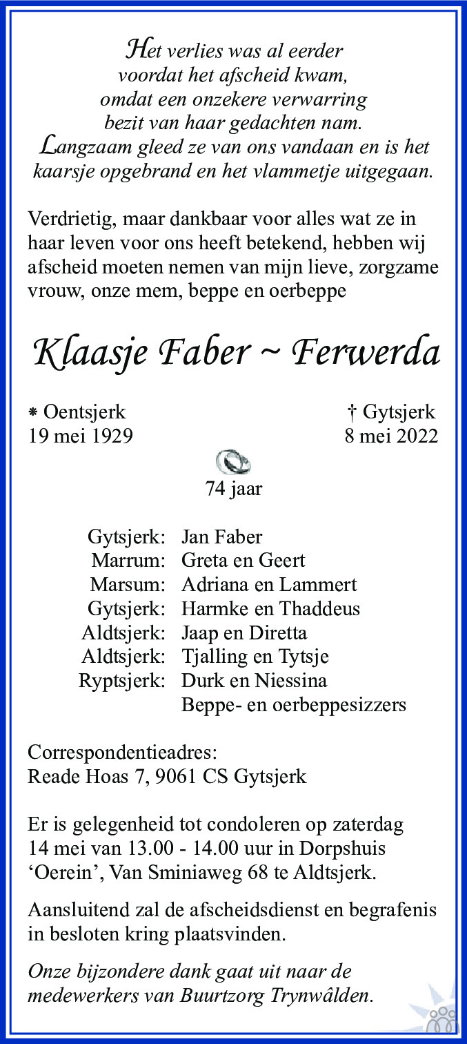 Overlijdensbericht van Klaasje Faber-Ferwerda in Leeuwarder Courant