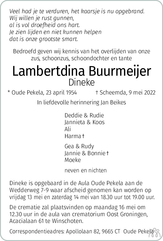 Overlijdensbericht van Lambertdina Dineke Buurmeijer in Dagblad van het Noorden