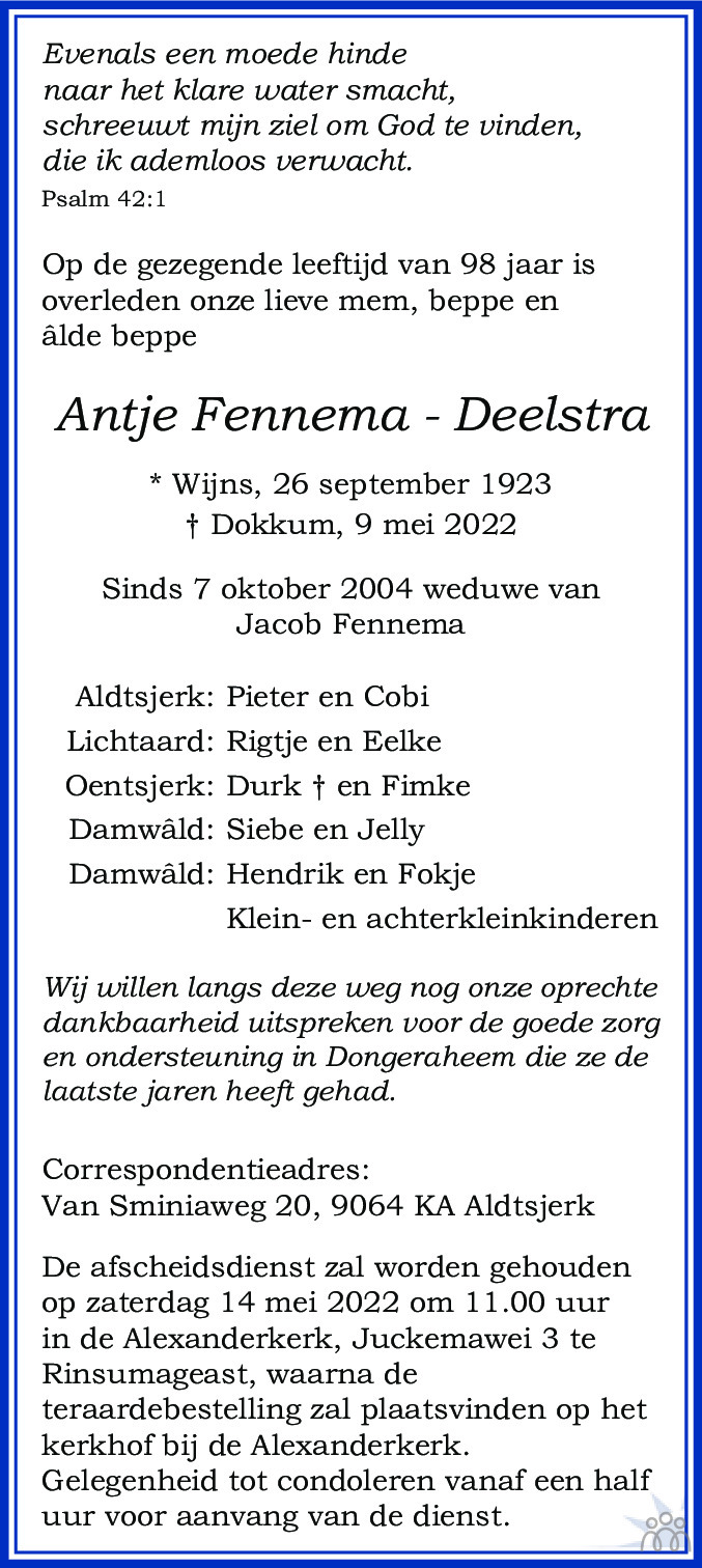 Overlijdensbericht van Antje Fennema-Deelstra in Leeuwarder Courant