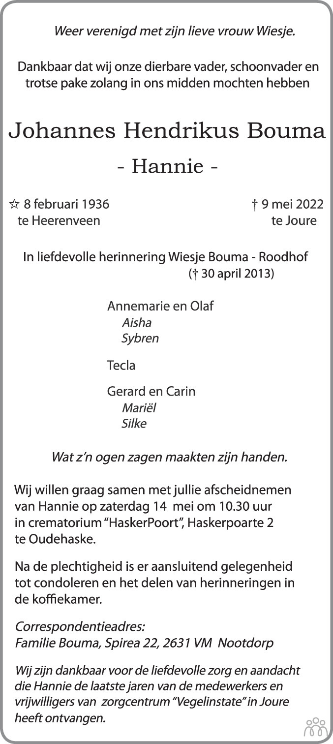 Overlijdensbericht van Johannes Hendrikus (Hannie) Bouma in Leeuwarder Courant