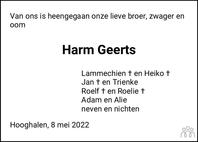 Overlijdensbericht van Harm Geerts in Dagblad van het Noorden