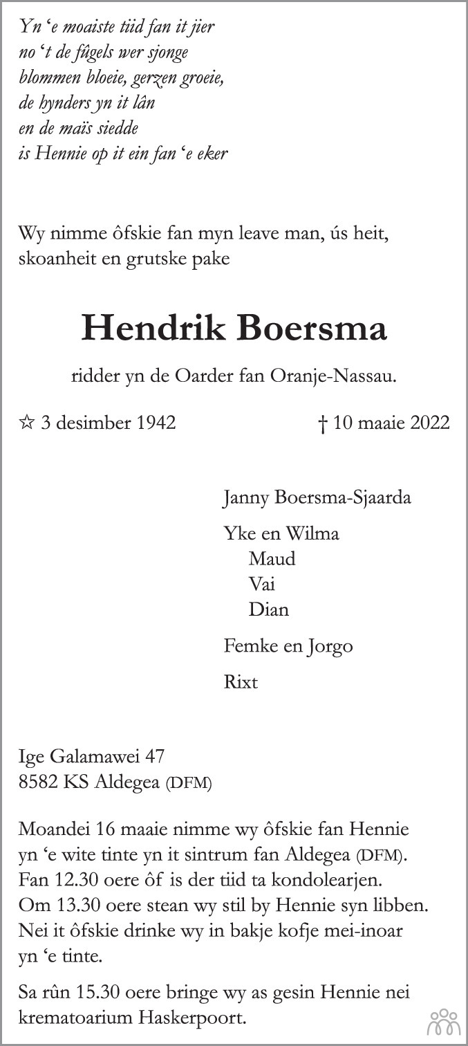 Overlijdensbericht van Hendrik (Hennie) Boersma in Leeuwarder Courant