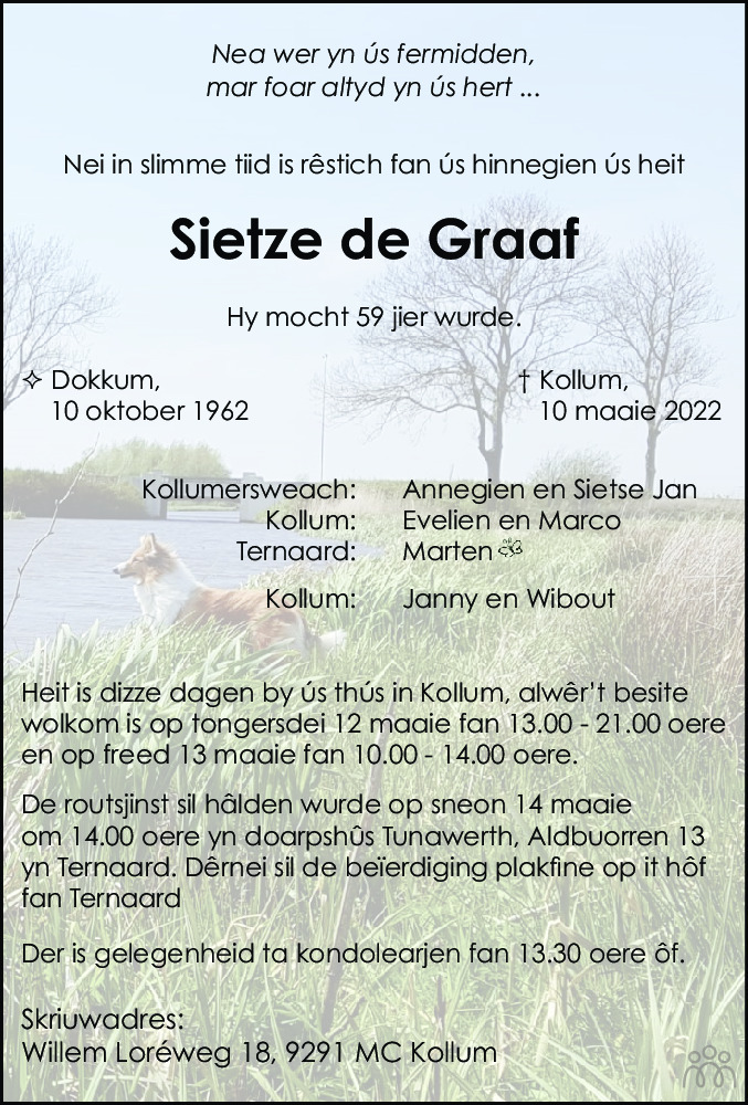 Overlijdensbericht van Sietze de Graaf in Nieuwsblad Noordoost-Friesland