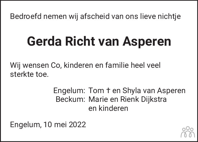 Overlijdensbericht van Gerda Richt van Asperen in Leeuwarder Courant