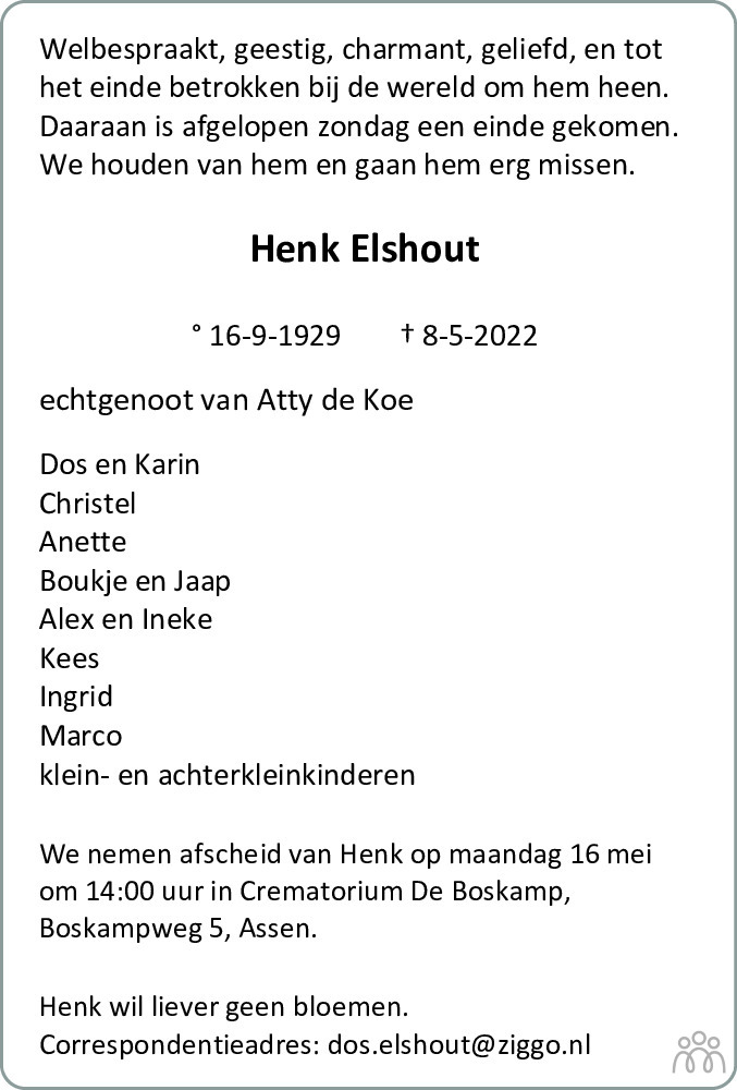 Overlijdensbericht van Henk Elshout in Dagblad van het Noorden