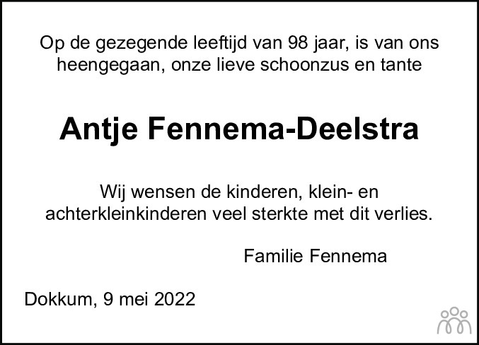 Overlijdensbericht van Antje Fennema-Deelstra in Leeuwarder Courant
