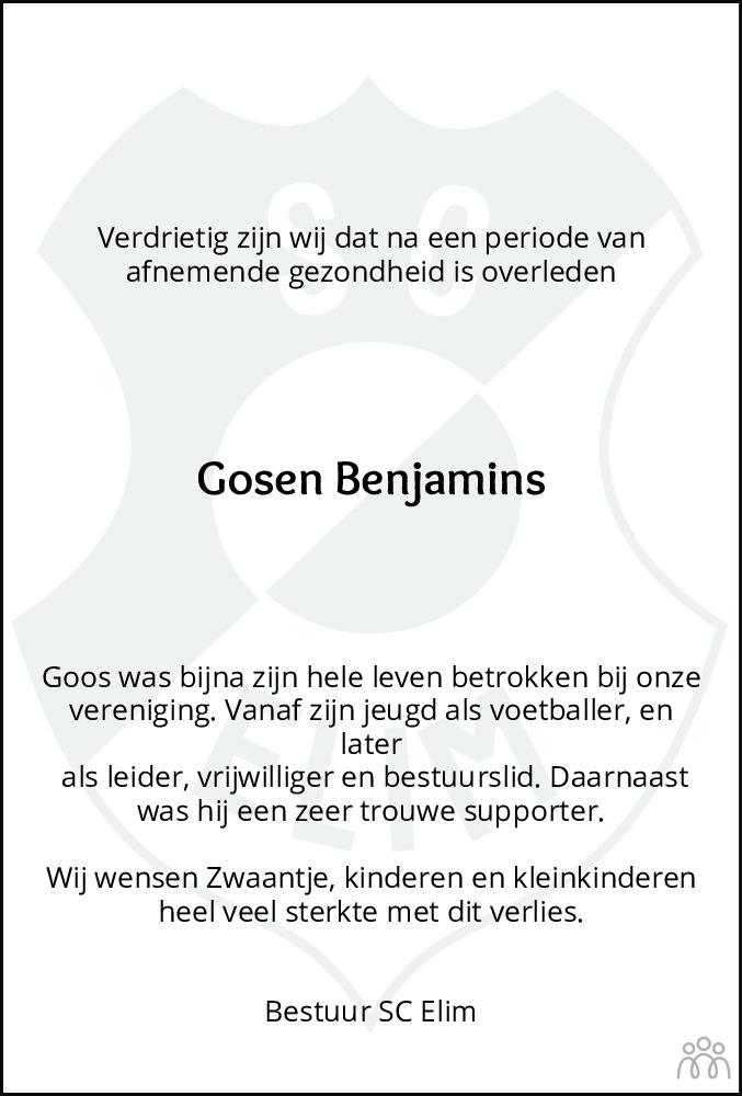 Overlijdensbericht van Gosen (Goos) Benjamins in Hoogeveensche Courant