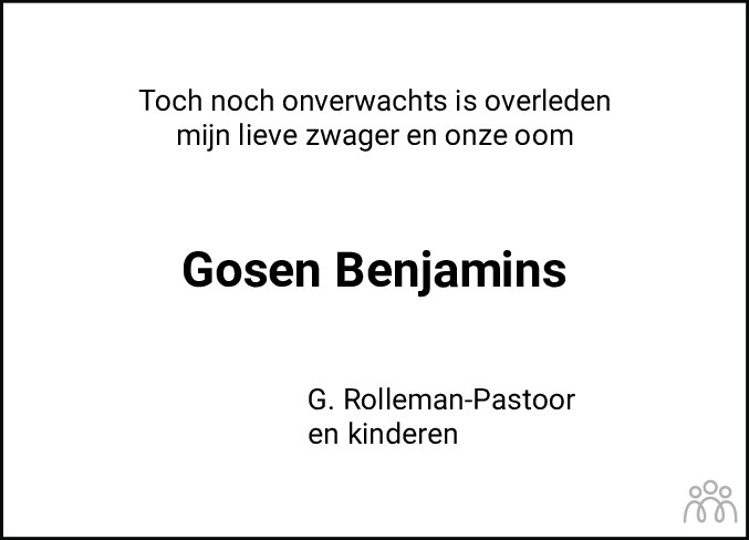Overlijdensbericht van Gosen (Goos) Benjamins in Hoogeveensche Courant