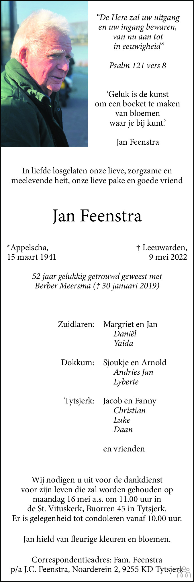 Overlijdensbericht van Jan Feenstra in Leeuwarder Courant