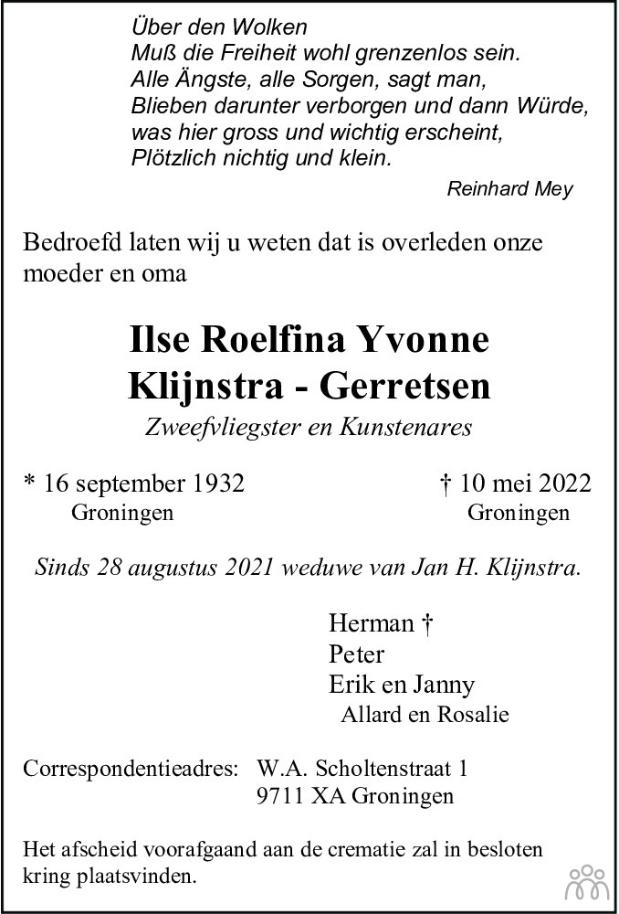 Overlijdensbericht van Ilse Roelfina Yvonne Klijnstra-Gerretsen in Dagblad van het Noorden
