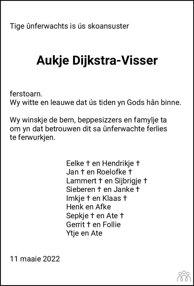 Overlijdensbericht van Aukje Dijkstra-Visser in Friesch Dagblad