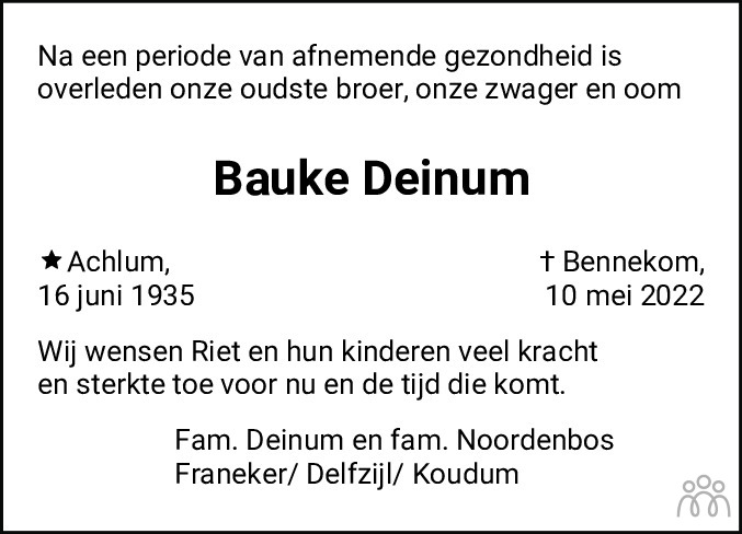 Overlijdensbericht van Bauke Deinum in Leeuwarder Courant