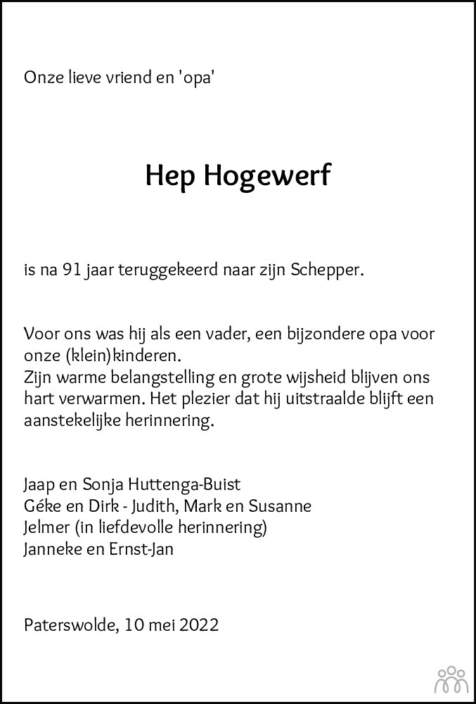 Overlijdensbericht van Hep Hogewerf in Dagblad van het Noorden