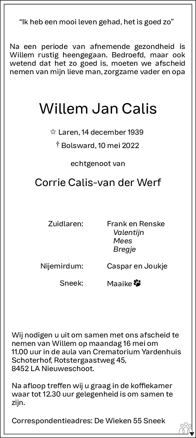 Overlijdensbericht van Willem Jan Calis in Leeuwarder Courant