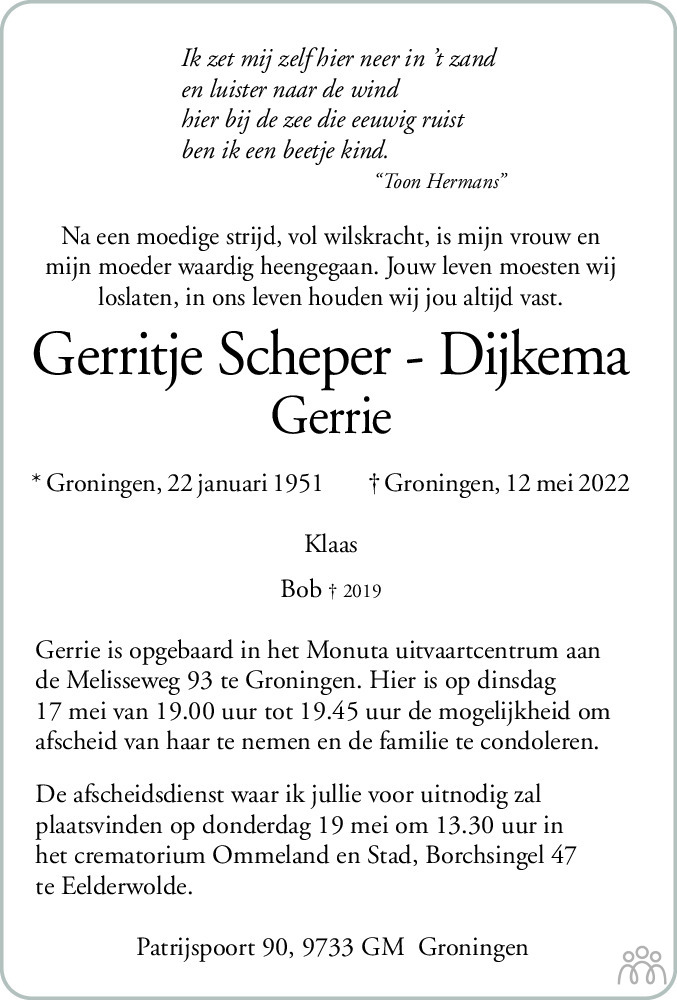 Overlijdensbericht van Gerritje (Gerrie) Scheper-Dijkema in Dagblad van het Noorden