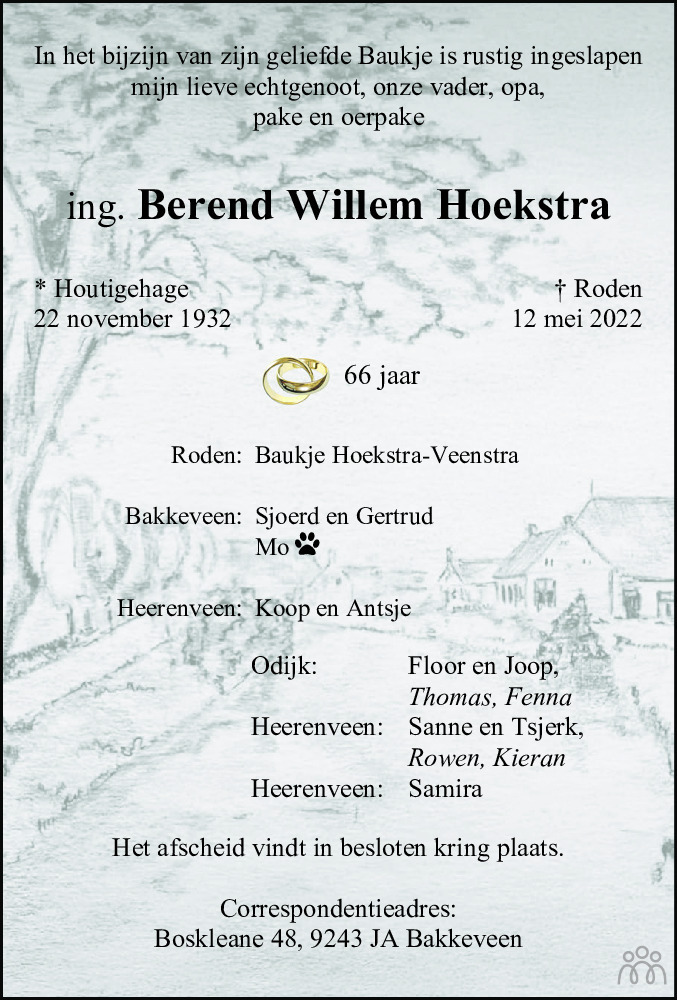 Overlijdensbericht van Ing. Berend Willem Hoekstra in Dagblad van het Noorden