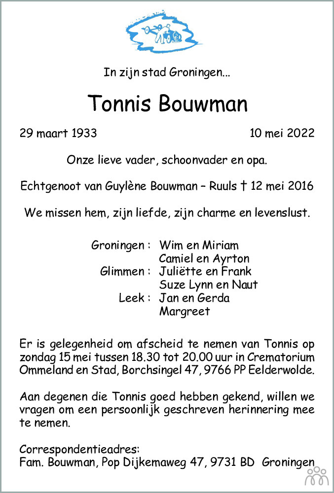 Overlijdensbericht van Tonnis Bouwman in Dagblad van het Noorden