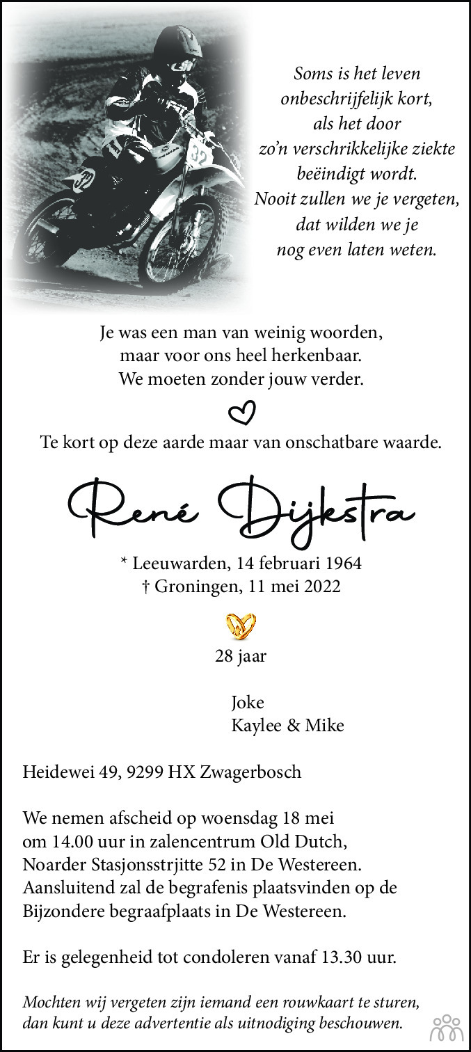 Overlijdensbericht van Rene Dijkstra in Leeuwarder Courant