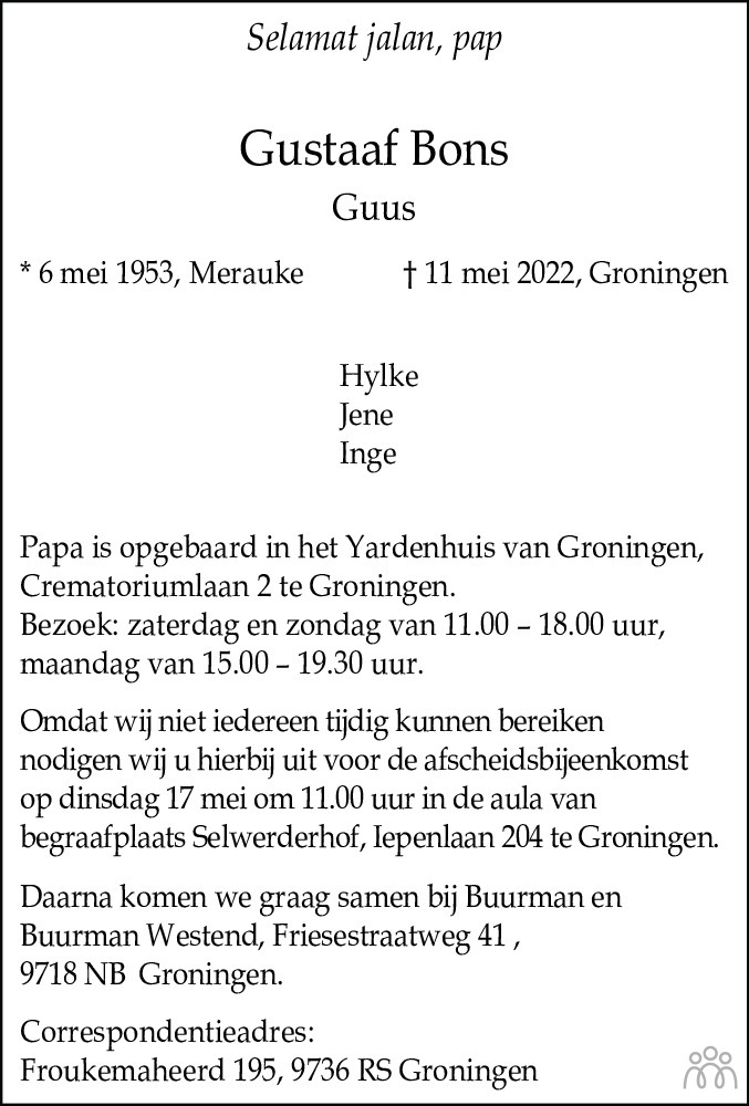 Overlijdensbericht van Gustaaf (Guus) Bons in Dagblad van het Noorden