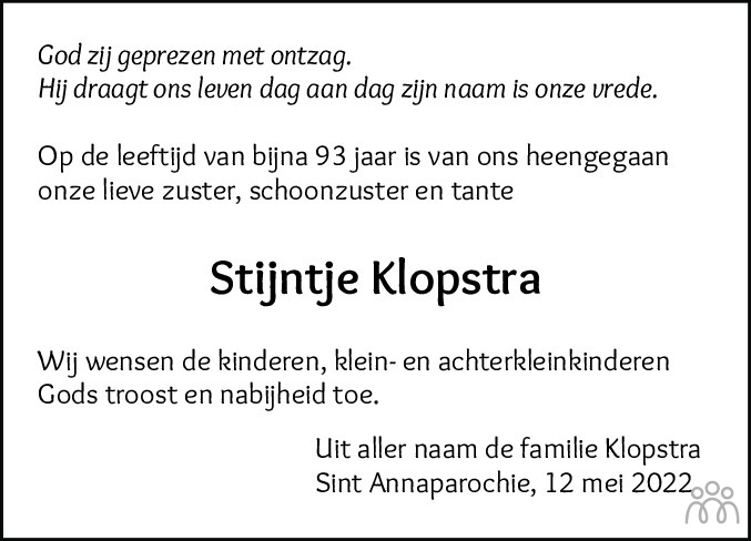 Overlijdensbericht van Stien (Stijntje) Klopstra in Friesch Dagblad