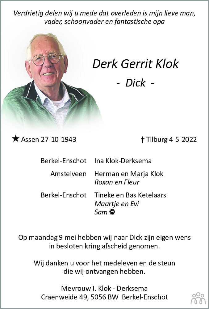 Overlijdensbericht van Derk Gerrit (Dick) Klok in Steenwijker Courant