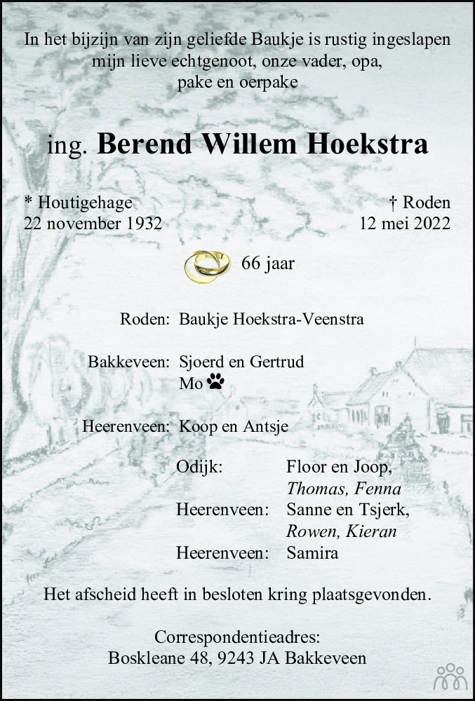 Overlijdensbericht van Ing. Berend Willem Hoekstra in Drachtster Courant
