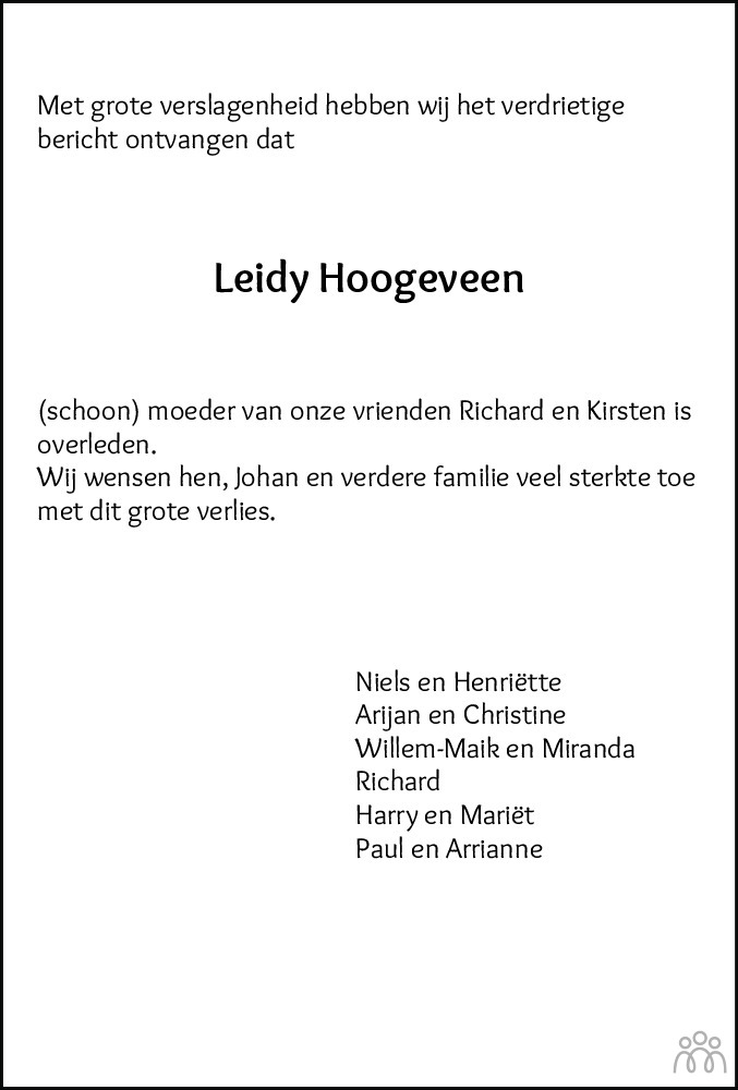 Overlijdensbericht van Mina Aleida (Leidy) Hoogeveen-Brouwer in Flevopost Dronten