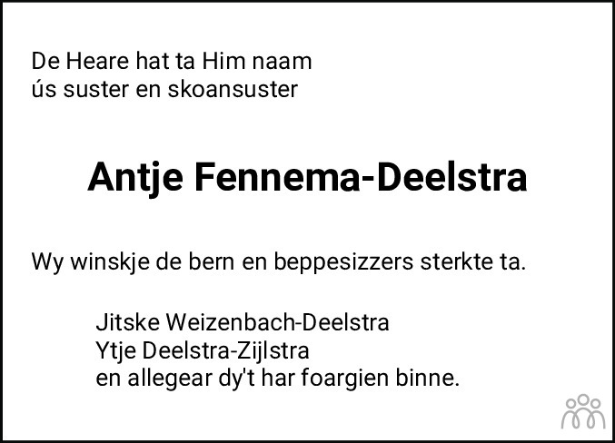 Overlijdensbericht van Antje Fennema-Deelstra in Dockumer Courant