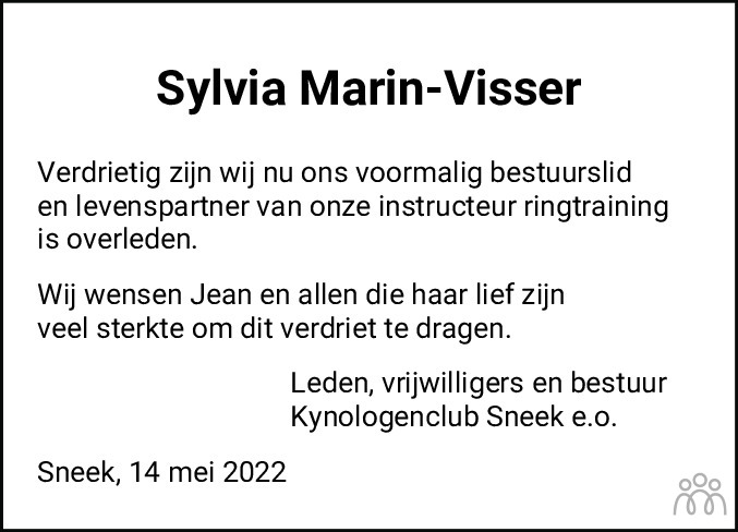Overlijdensbericht van Sylvia Elisabeth Marin-Visser in Leeuwarder Courant