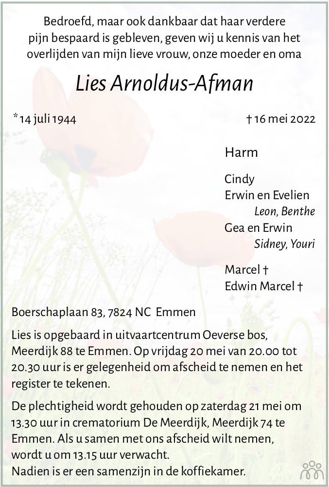 Overlijdensbericht van Lies Arnoldus-Afman in Dagblad van het Noorden