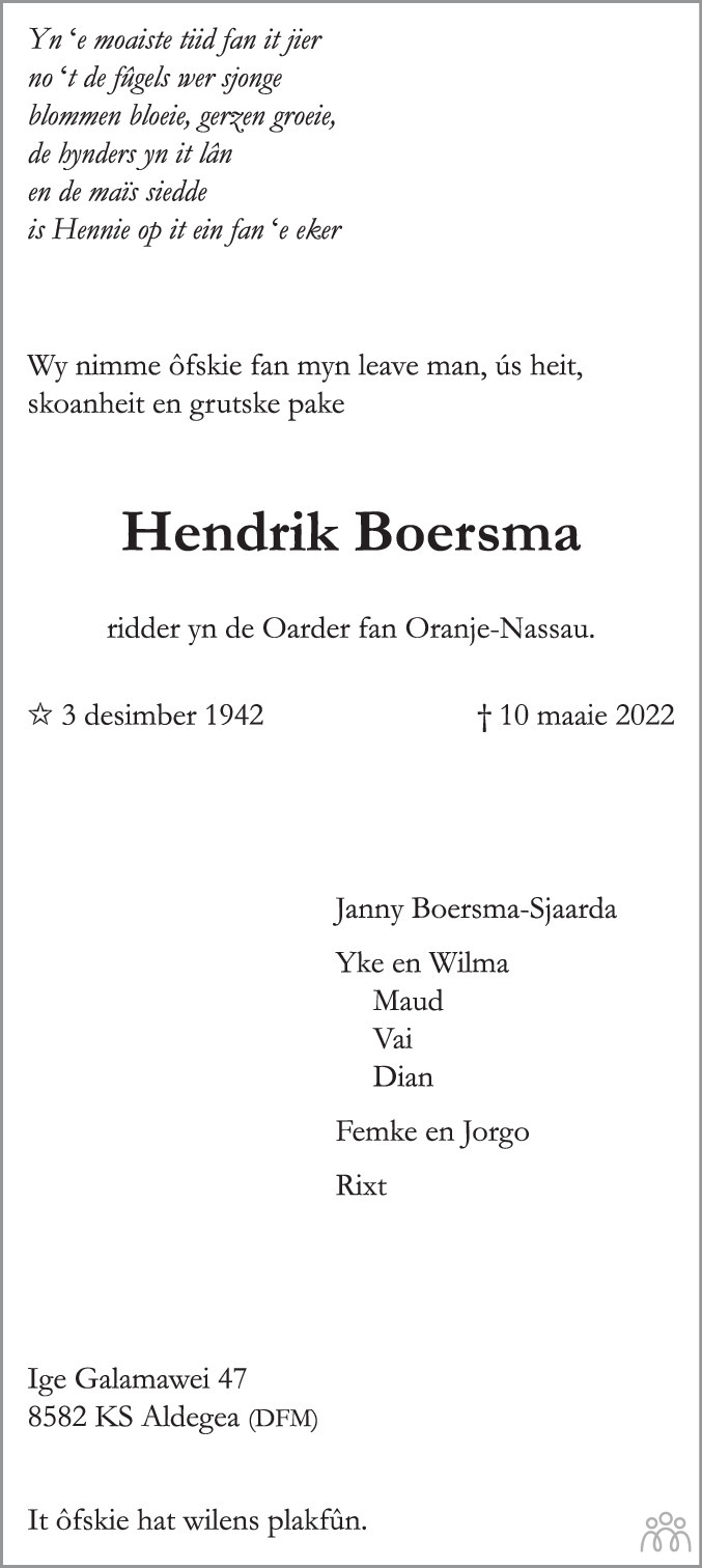 Overlijdensbericht van Hendrik (Hennie) Boersma in Balkster Courant
