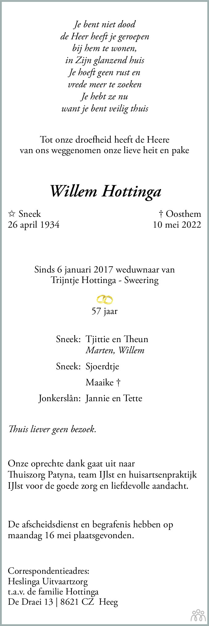 Overlijdensbericht van Willem Hottinga in Sneeker Nieuwsblad
