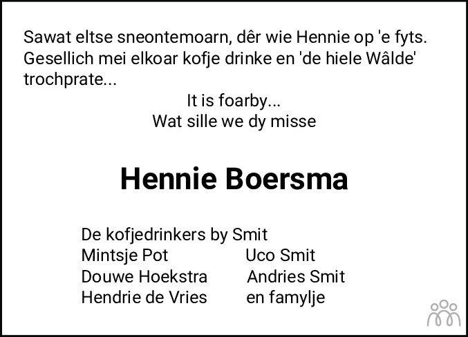 Overlijdensbericht van Hendrik (Hennie) Boersma in Balkster Courant