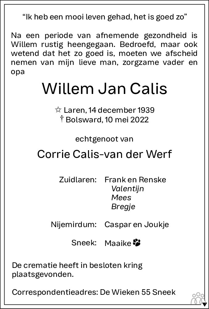 Overlijdensbericht van Willem Jan Calis in Sneeker Nieuwsblad