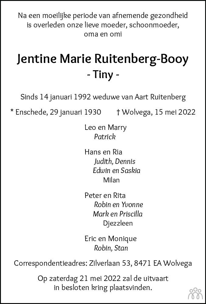 Overlijdensbericht van Jentine Marie (Tiny) Ruitenberg-Booy in De Stellingwerf