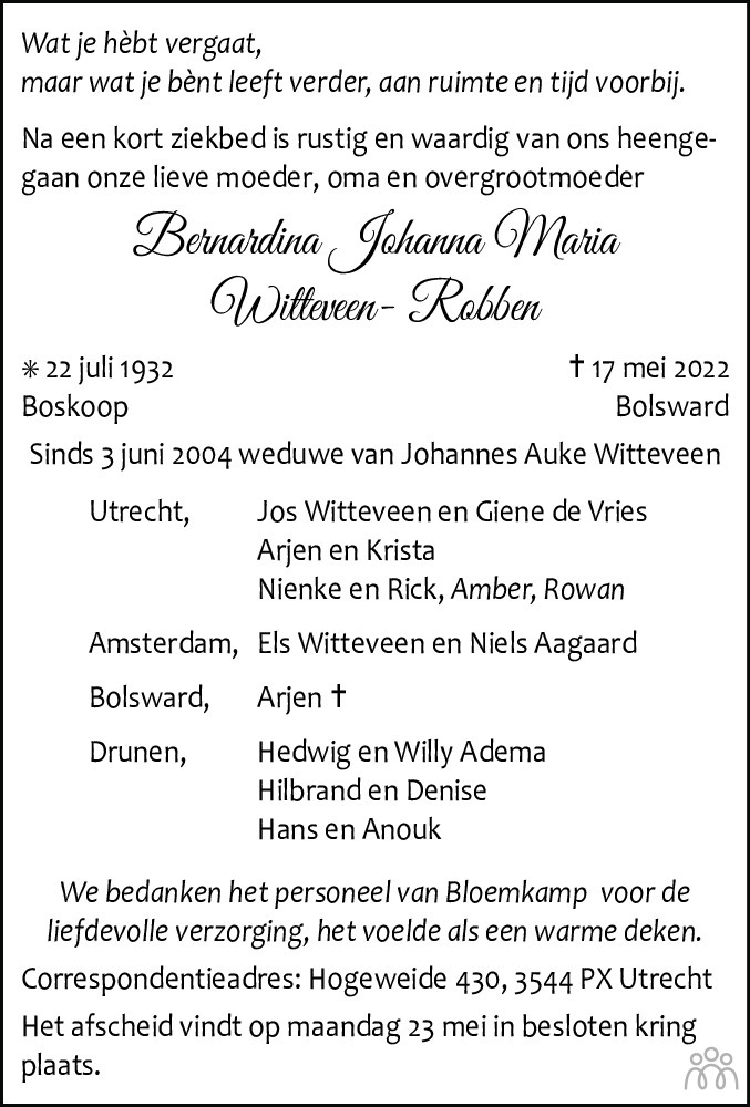 Overlijdensbericht van Bernardina Johanna Maria Witteveen-Robben in Leeuwarder Courant