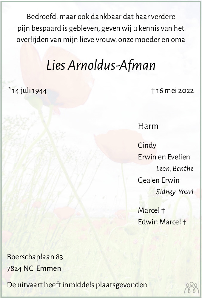 Overlijdensbericht van Lies Arnoldus-Afman in Emmen Nu