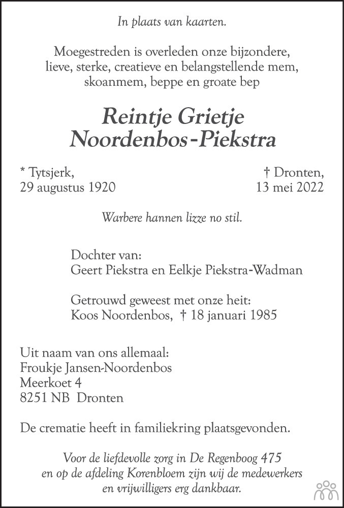 Overlijdensbericht van Reintje Grietje Noordenbos-Piekstra in Leeuwarder Courant