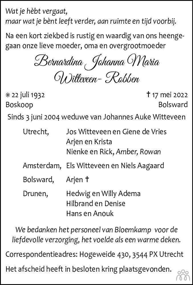 Overlijdensbericht van Bernardina Johanna Maria Witteveen-Robben in Bolswards Nieuwsblad