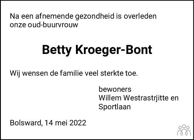 Overlijdensbericht van Elizabeth (Betty) Kroeger-Bont in Bolswards Nieuwsblad